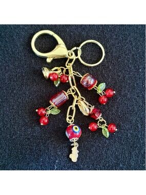 NEW Red Cherry Handmade Bag Charm Keychain One of a Kind Beaded Crystal (#4)